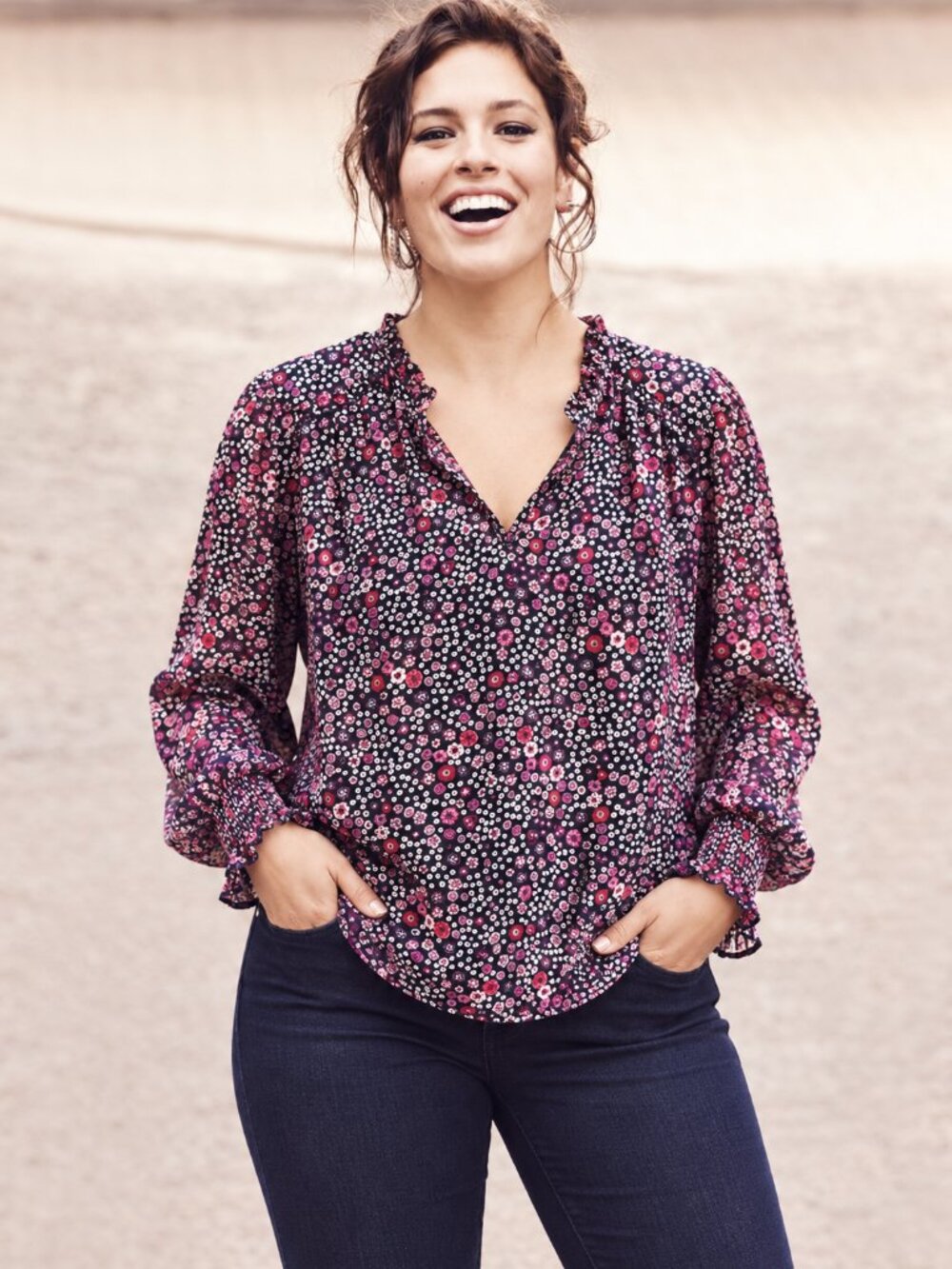 Cleo floral blouse with all-over print, ruffles